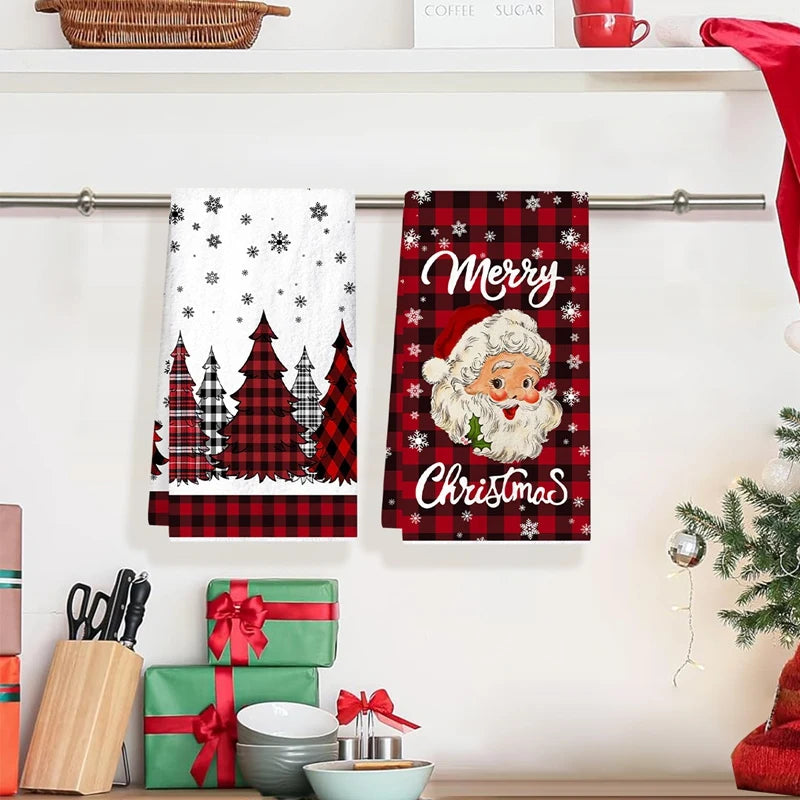 2pcs Christmas Kitchen Towels Buffalo Plaid Xmas Hand Towels Christmas Decorations for Home 2025 Navidad Noel Dish Towels Gifts GLOBGRIP®