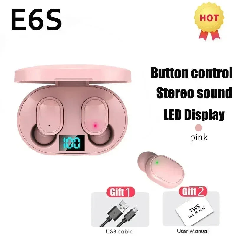 TWS E6S Wireless Bluetooth Earphones By Mic LED Display Stereo Noise Cancelling Headset With Charging Cable For All Smartphone GLOBGRIP®