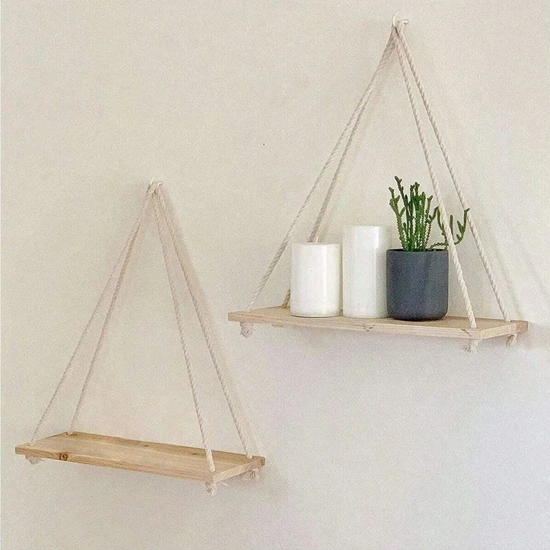 Wooden Swing Hanging Hemp Rope Wall Shelve Mounted Floating Home Living Room Plant Flower Pot Tray Storage Garden Decoration GLOBGRIP®