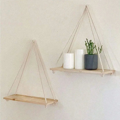 Wooden Swing Hanging Hemp Rope Wall Shelve Mounted Floating Home Living Room Plant Flower Pot Tray Storage Garden Decoration GLOBGRIP®