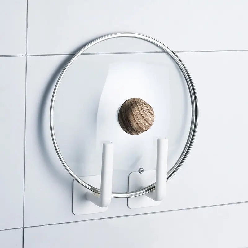 2PCS White Kitchen Hole Free Hook Traceless Storage Rack Shelf Shelves Pot Cover Cup Rack Kitchen Storage Holder GLOBGRIP®