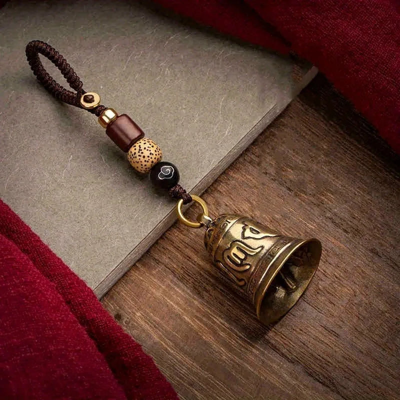 1pc Vintage Brass Tibetan Buddhism Six-word Mantra Bell Keychains Lanyard Pendants Handmade Rope Car Key Chain Rings Hanging GLOBGRIP®