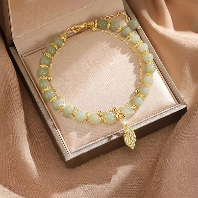 2026Chinese Style Green Jade Bracelet For Women Exquisite Gold Color Leaves Wrist Strap Bangle Double Chain Bracelet Girls Gifts GLOBGRIP®