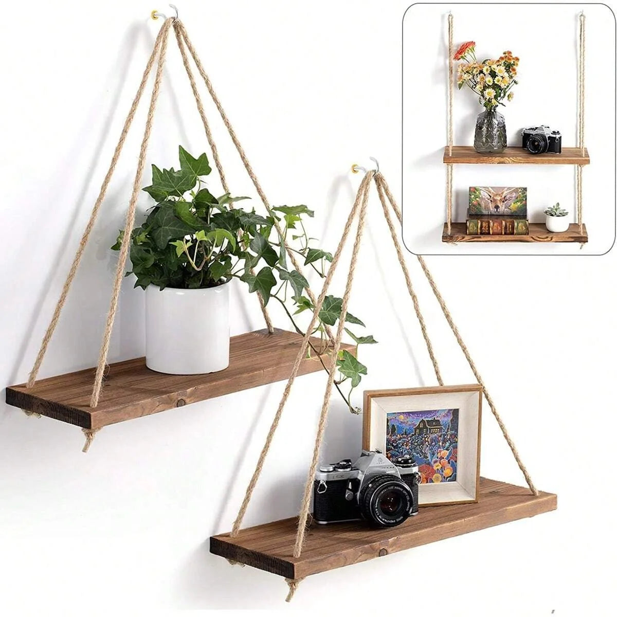 Wooden Swing Hanging Hemp Rope Wall Shelve Mounted Floating Home Living Room Plant Flower Pot Tray Storage Garden Decoration GLOBGRIP®