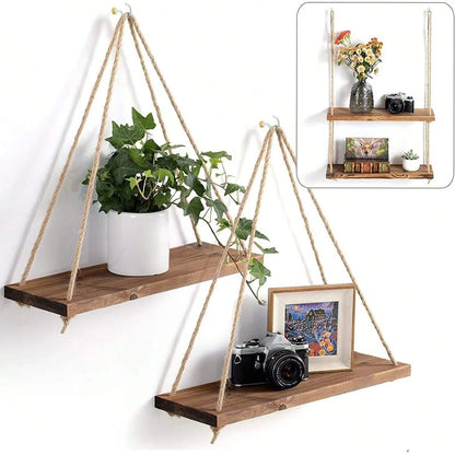 Wooden Swing Hanging Hemp Rope Wall Shelve Mounted Floating Home Living Room Plant Flower Pot Tray Storage Garden Decoration GLOBGRIP®