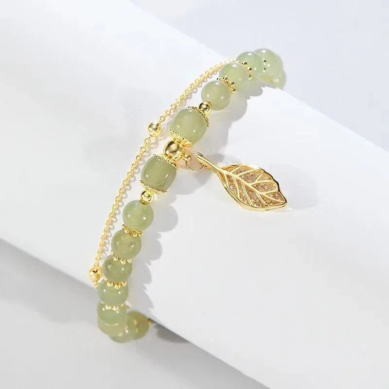 2026Chinese Style Green Jade Bracelet For Women Exquisite Gold Color Leaves Wrist Strap Bangle Double Chain Bracelet Girls Gifts GLOBGRIP®