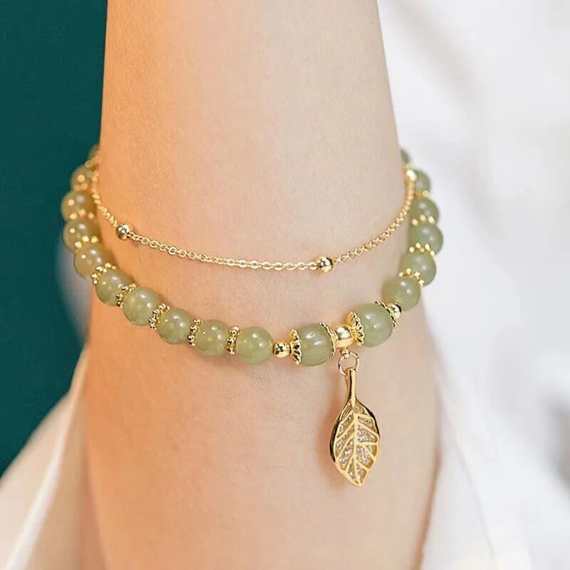 2026Chinese Style Green Jade Bracelet For Women Exquisite Gold Color Leaves Wrist Strap Bangle Double Chain Bracelet Girls Gifts GLOBGRIP®