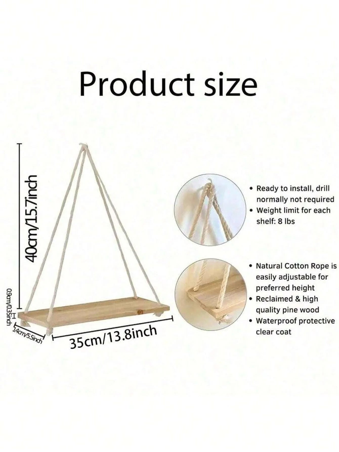 Wooden Swing Hanging Hemp Rope Wall Shelve Mounted Floating Home Living Room Plant Flower Pot Tray Storage Garden Decoration GLOBGRIP®