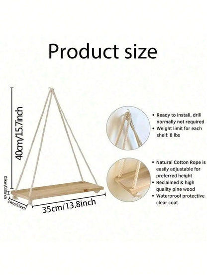 Wooden Swing Hanging Hemp Rope Wall Shelve Mounted Floating Home Living Room Plant Flower Pot Tray Storage Garden Decoration GLOBGRIP®