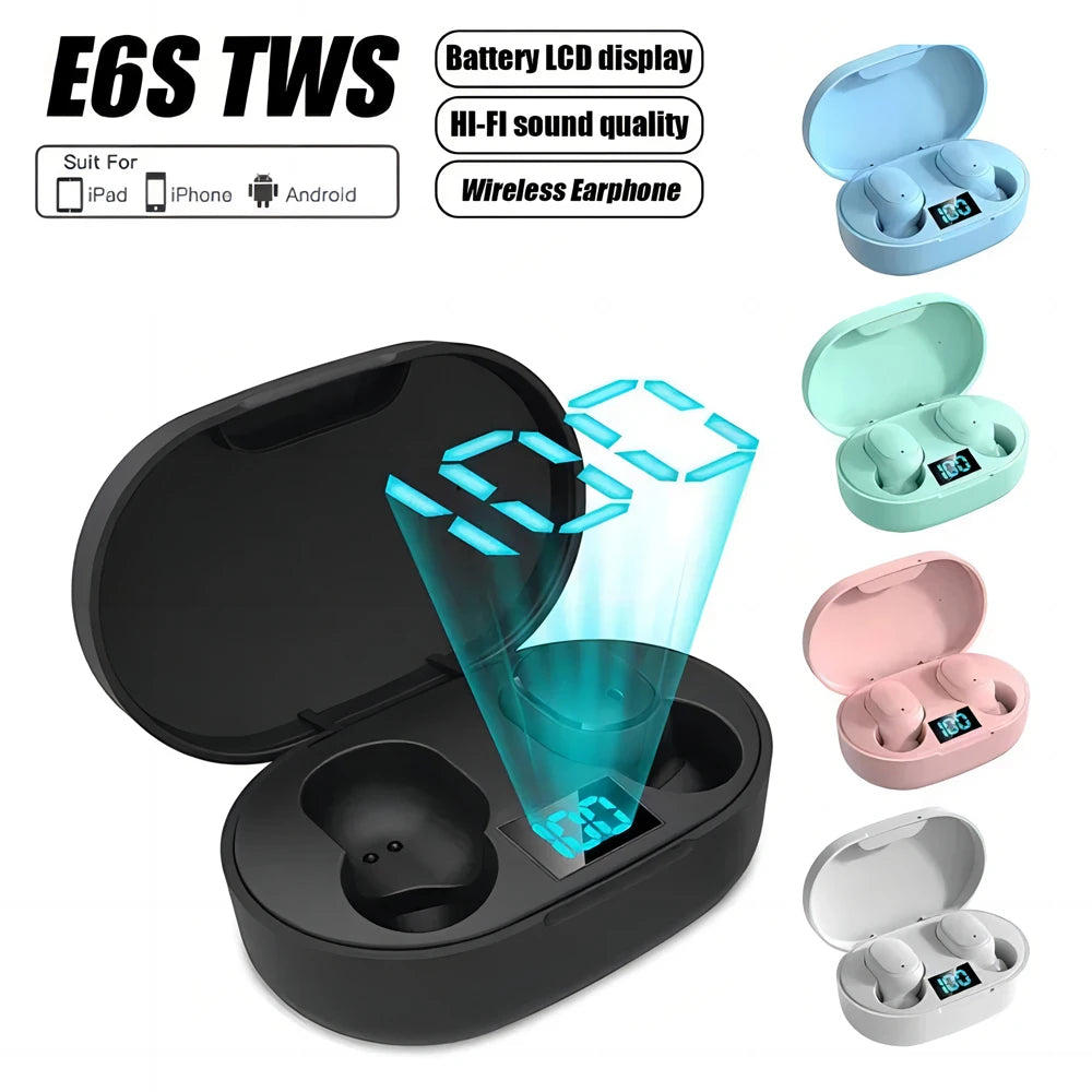 TWS E6S Wireless Bluetooth Earphones By Mic LED Display Stereo Noise Cancelling Headset With Charging Cable For All Smartphone GLOBGRIP®