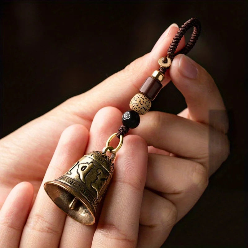 1pc Vintage Brass Tibetan Buddhism Six-word Mantra Bell Keychains Lanyard Pendants Handmade Rope Car Key Chain Rings Hanging GLOBGRIP®