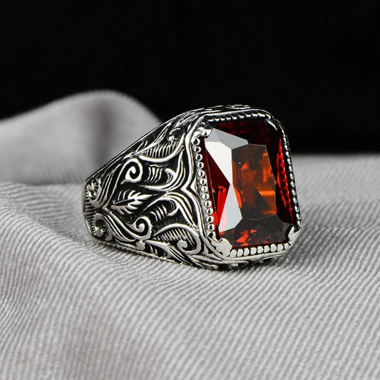 Vintage Handmade Turkish Signet Ring For Men Women Ancient Silver Color Carved Ring Red Yellow Zircon Inlay Punk Motor Biker GLOBGRIP®