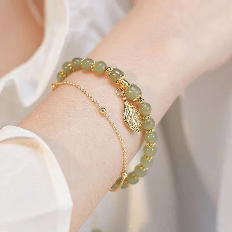 2026Chinese Style Green Jade Bracelet For Women Exquisite Gold Color Leaves Wrist Strap Bangle Double Chain Bracelet Girls Gifts GLOBGRIP®