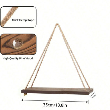 Wooden Swing Hanging Hemp Rope Wall Shelve Mounted Floating Home Living Room Plant Flower Pot Tray Storage Garden Decoration GLOBGRIP®