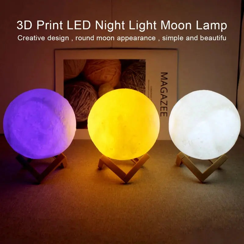 GLOBGRIP Book Light LED Moon Galaxy Night Light showing 3D print moon lamps in purple yellow and white colors