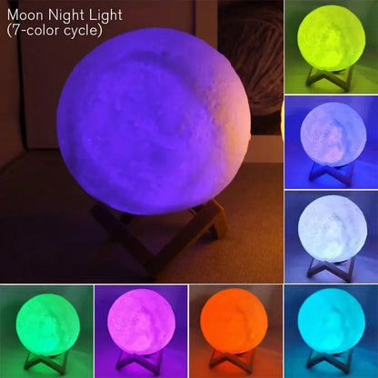 GLOBGRIP Book Light LED Moon Galaxy Night Light showing 7 color cycle on wooden stand