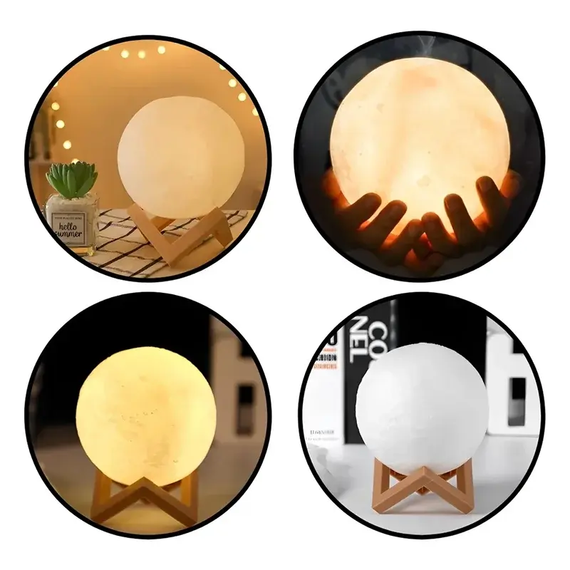 GLOBGRIP Book Light LED Moon Galaxy Night Light glowing on wooden stand in warm and cool tones
