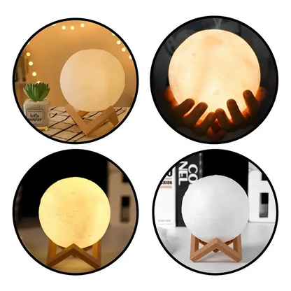 GLOBGRIP Book Light LED Moon Galaxy Night Light glowing on wooden stand in warm and cool tones