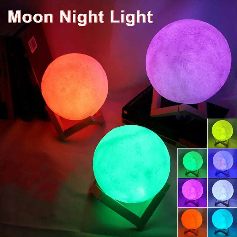 GLOBGRIP Book Light LED Moon Galaxy Night Light glowing in multiple colors on wooden stands