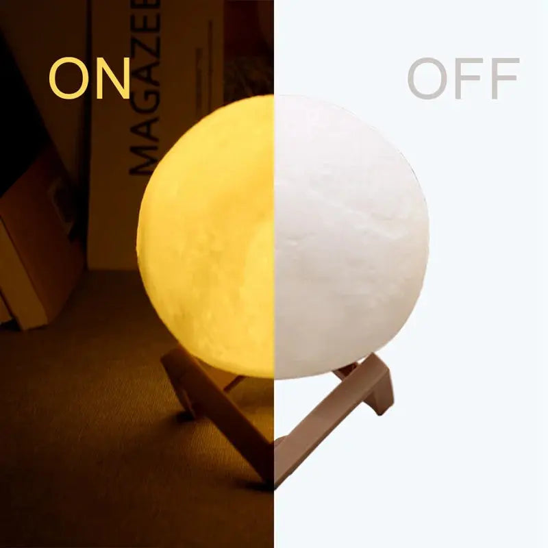 GLOBGRIP Book Light LED Moon Galaxy Night Light showing on and off option with wooden stand