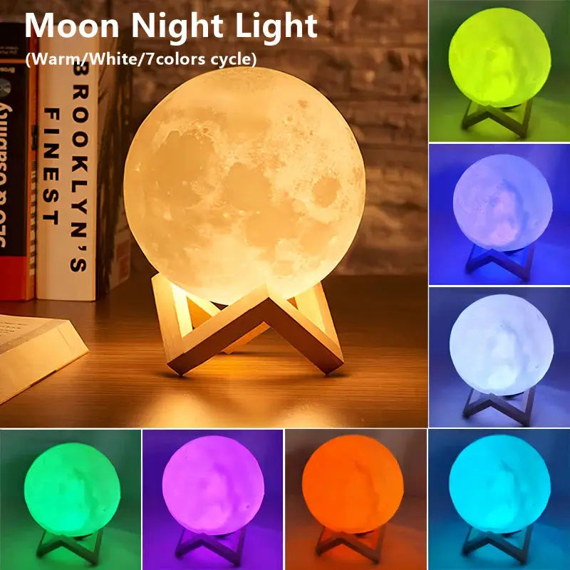 GLOBGRIP Book Light LED Moon Galaxy Night Light showing warm white and seven color cycle options on wooden stand