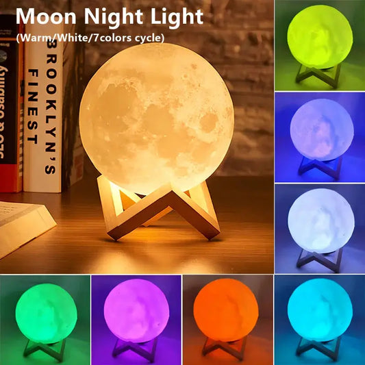GLOBGRIP Book Light LED Moon Galaxy Night Light showing warm white and seven color cycle options on wooden stand