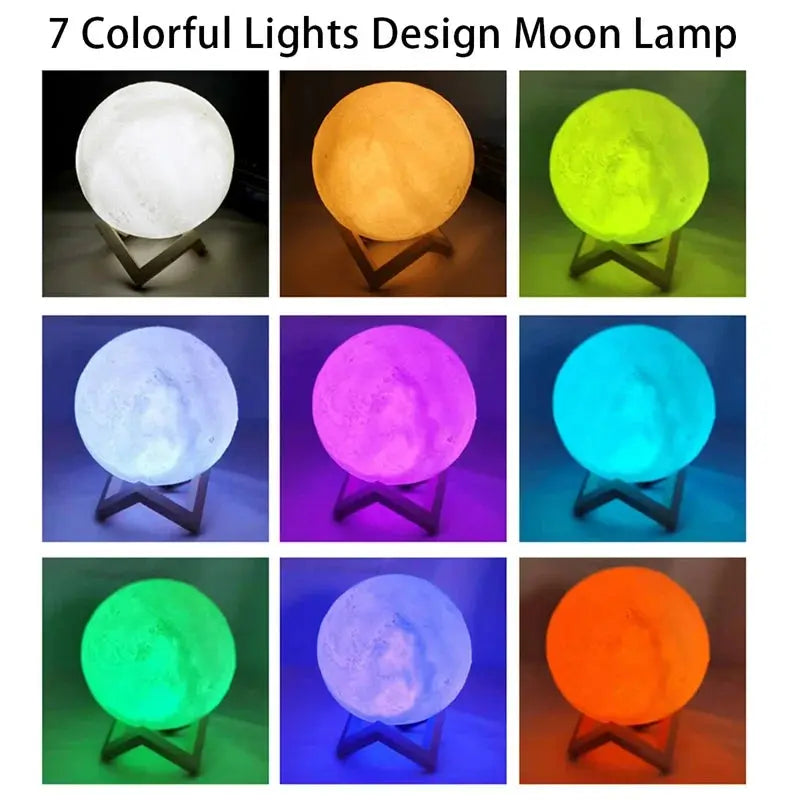 GLOBGRIP Book Light LED Moon Galaxy Night Light showing 7 colorful light designs on round moon lamp with wooden stand