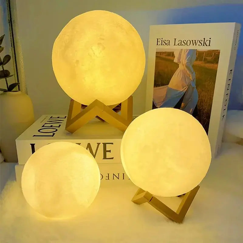 GLOBGRIP Book Light LED Moon Galaxy Night Light set with warm glowing moon lamps on wooden stands