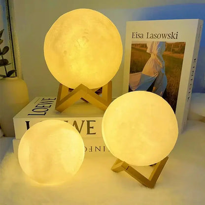 GLOBGRIP Book Light LED Moon Galaxy Night Light set with warm glowing moon lamps on wooden stands