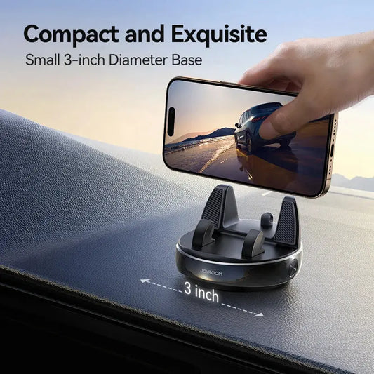 GLOBGRIP 360 degree phone holder with compact 3 inch diameter base on car dashboard holding smartphone