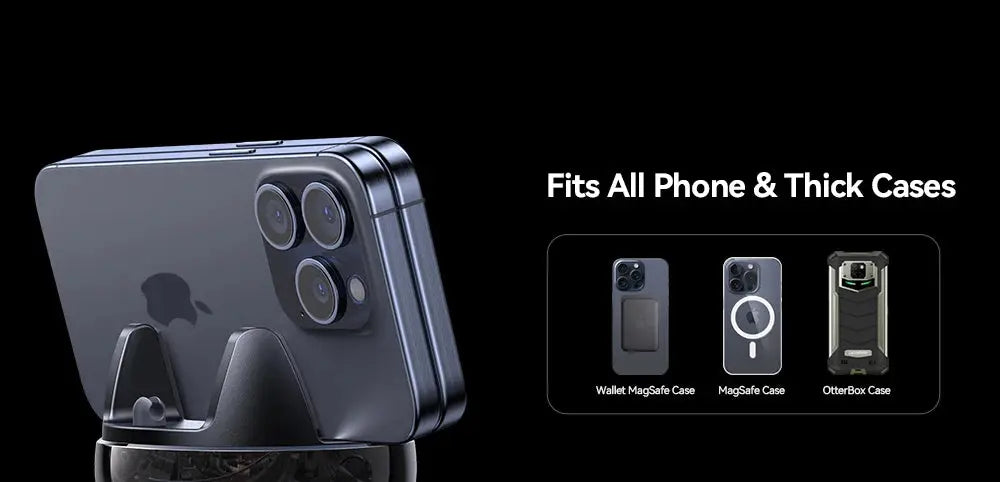 GLOBGRIP 360 degree phone holder securely holding a black smartphone with compatibility for all phone and thick cases