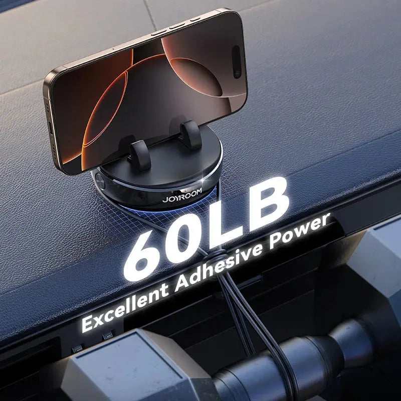 GLOBGRIP 360 degree phone holder with strong 60LB adhesive power mounted on car dashboard holding smartphone