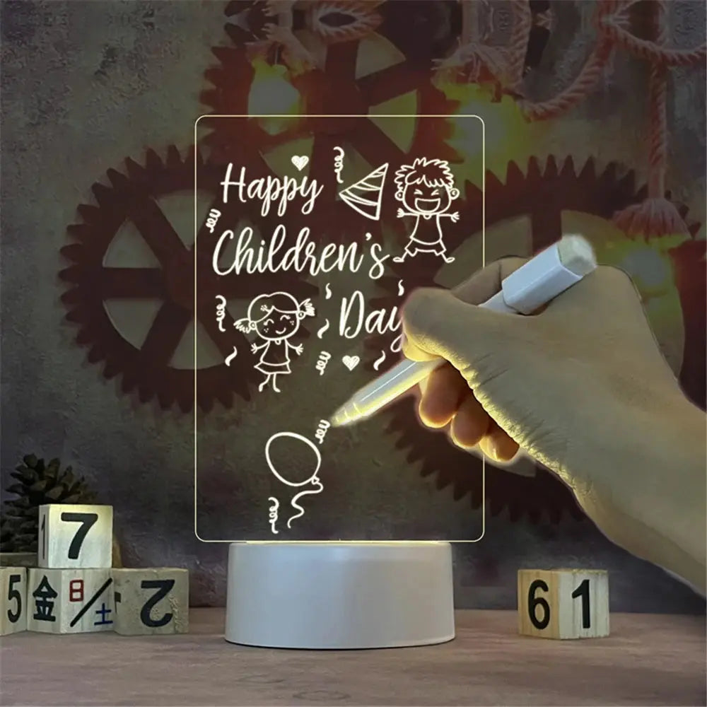 GLOBGRIP writeable LED desk lamp featuring clear acrylic board with handwritten Children's Day message and drawings