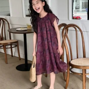 1-14Years Toddler Kids Cotton Linen Short Sleeve Dresses for Girls Loose Print Causal Dress Children Summer Clothing Outfits 8 9