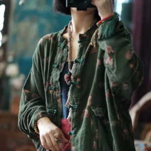 100% Cotton Casual Shirt Women New 2024 Autumn Chinese Style Vintage Cartoon Loose Female Batwing Sleeve Tops Shirts M126